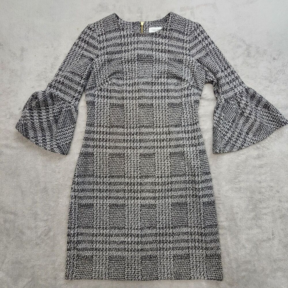 Calvin Klein Women's Dress Size 4 Plaid Bell Sleeve Gray Black Fitted Style